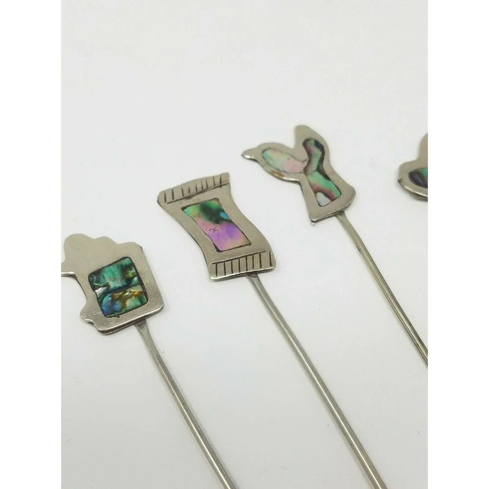 Vtg Mexican alpaca and Abalone cocktail forks picks signed set of 5 man cave